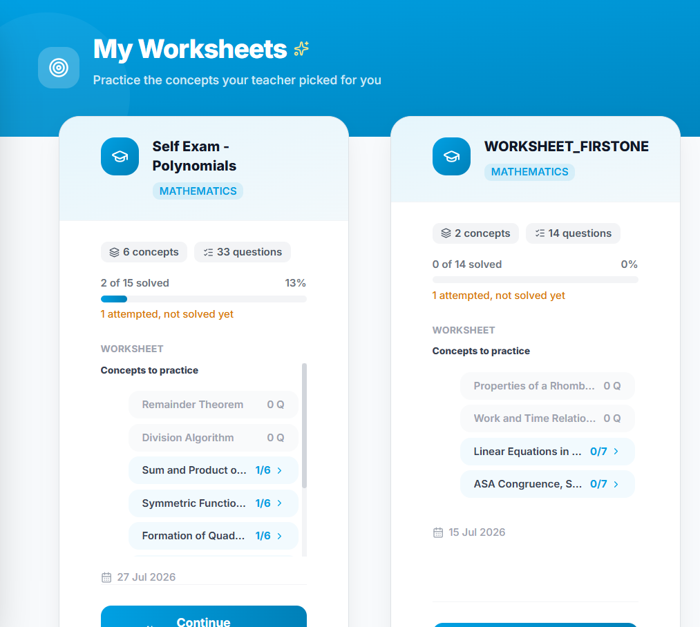 My Worksheets screen in the student app — remedial worksheets with concepts to practice and progress per concept
